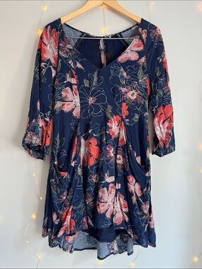 Free People Navy Floral V-Neck Dress with Pink/Coral Blooms